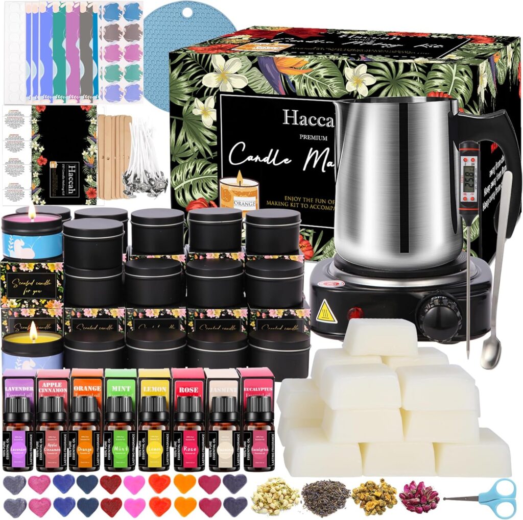 Complete Candle Making Kit With Wax Melter, Candle Making Supplies, DIY ArtsCrafts Kits Gift For Adults,Beginners,Including Bees Wax,500w Electric Stove,Wicks,Rich Scents,Wick Clips,Pouring Pot Etc.