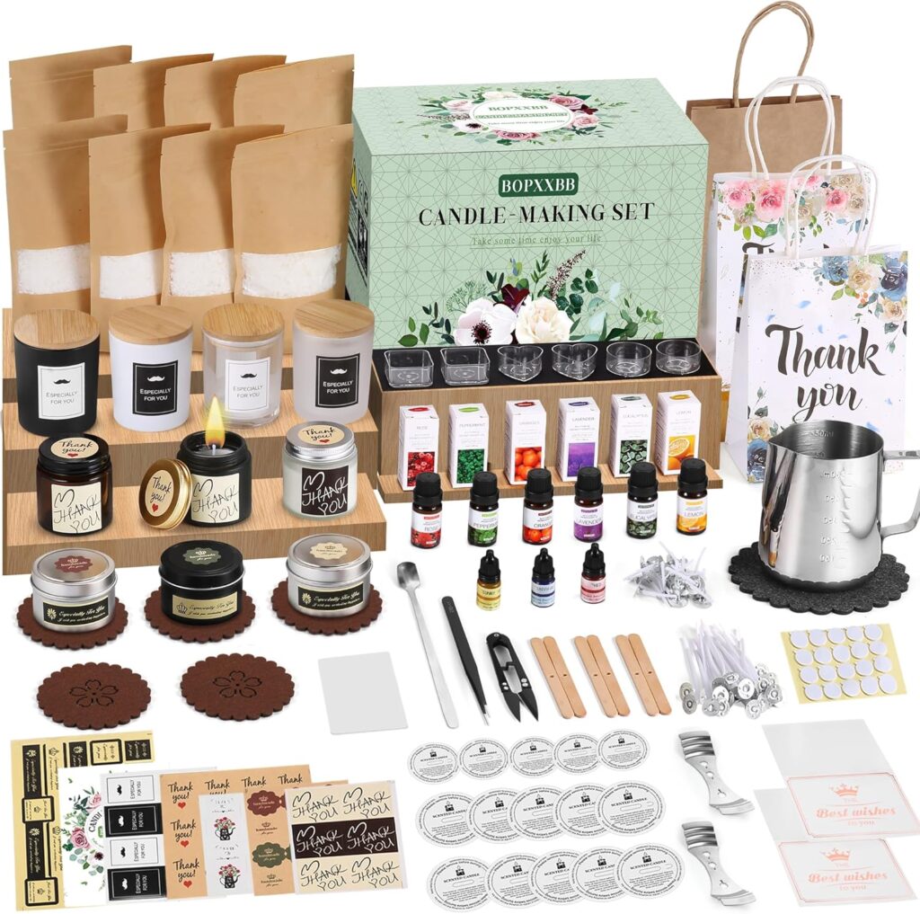DOPXXBB Complete Candle Making Kit, DIY Candle Making Supplies for Adults, Include Soy Wax, Candle Cups  Tins Candle Wicks  Light Aroma Type Scents, Liquid Dyes  More