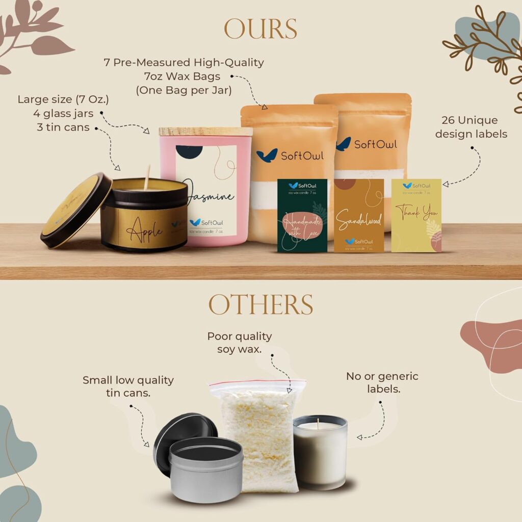 SoftOwl Premium Soy Candle Making Kit - Full Set - Soy Wax, Big 7oz Jars  Tins, 7 Pleasant Scents, Color Dyes  More - Perfect as Home Decorations - DIY Starter Scented Candles Making Kit