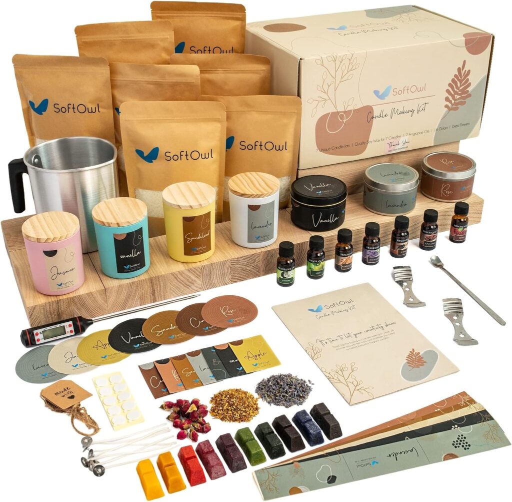 SoftOwl Premium Soy Candle Making Kit - Full Set - Soy Wax, Big 7oz Jars  Tins, 7 Pleasant Scents, Color Dyes  More - Perfect as Home Decorations - DIY Starter Scented Candles Making Kit