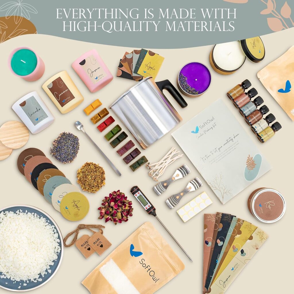 SoftOwl Premium Soy Candle Making Kit - Full Set - Soy Wax, Big 7oz Jars  Tins, 7 Pleasant Scents, Color Dyes  More - Perfect as Home Decorations - DIY Starter Scented Candles Making Kit