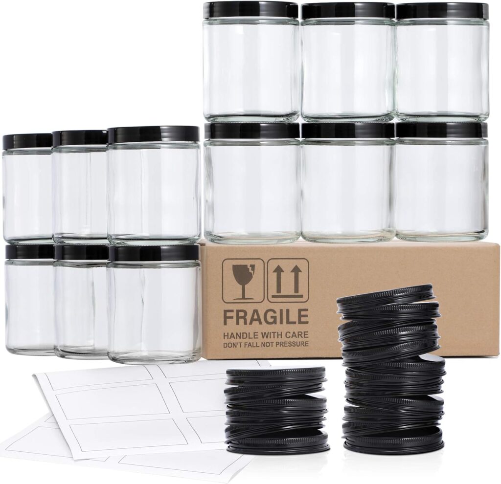 12 Pack, 8 OZ Thick Glass Jars with Lids, Clear Candle Jars with 12 Metal  12 Plastic Lids - Empty Round Food Storage Containers, Canning Jar For Spice, Powder, Liquid, Sample - Dishwasher Safe