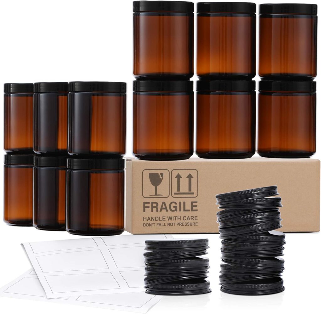 12 Pack, 8 OZ Thick Glass Jars with Lids, Dark Amber Candle Jars with 12 Metal  12 Plastic Lids - Empty Round Food Storage Containers, Canning Jar For Spice, Powder, Liquid, Sample - Dishwasher Safe