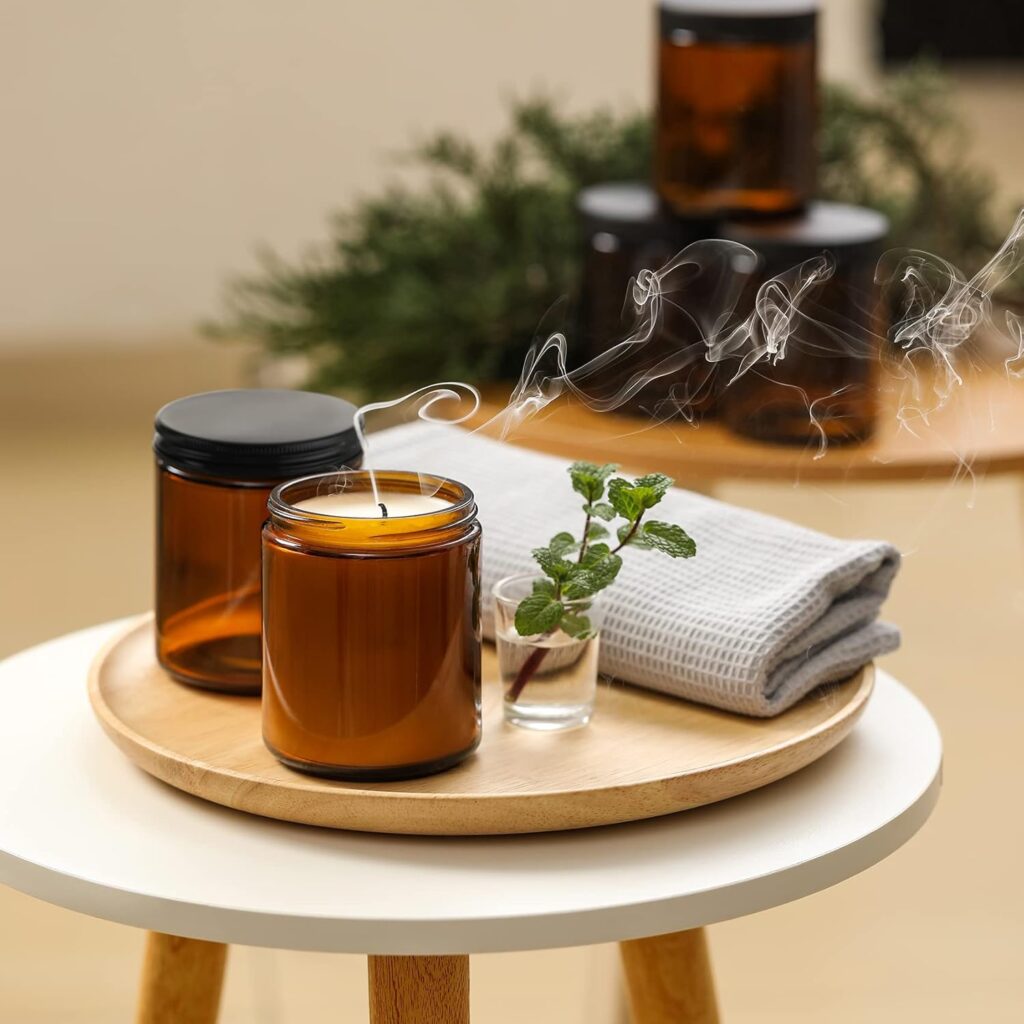 12 Pack, 8 OZ Thick Glass Jars with Lids, Dark Amber Candle Jars with 12 Metal  12 Plastic Lids - Empty Round Food Storage Containers, Canning Jar For Spice, Powder, Liquid, Sample - Dishwasher Safe