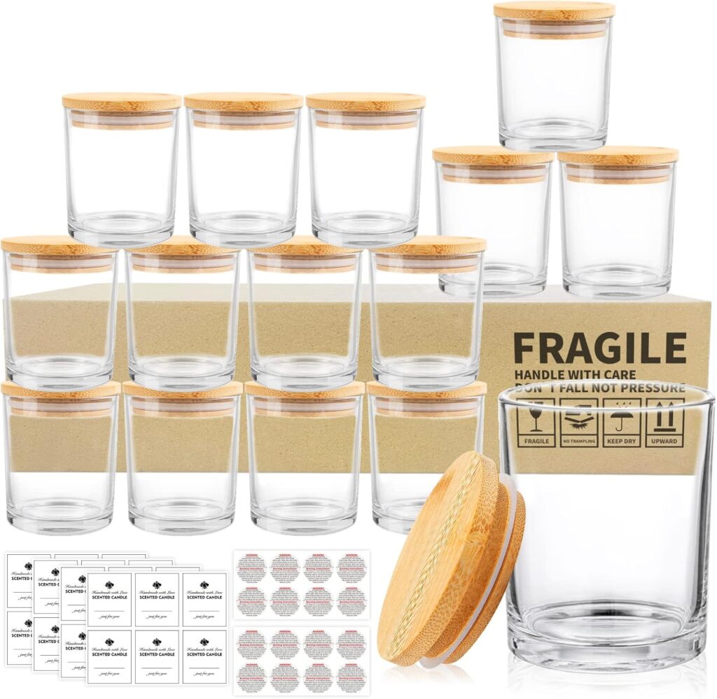 15 Pack Clear Empty Candle Jars with Bamboo Lids and Sticky Labels, Bulk Jars for Making Candles Containers - Dishwasher Safe,Glass, 7oz