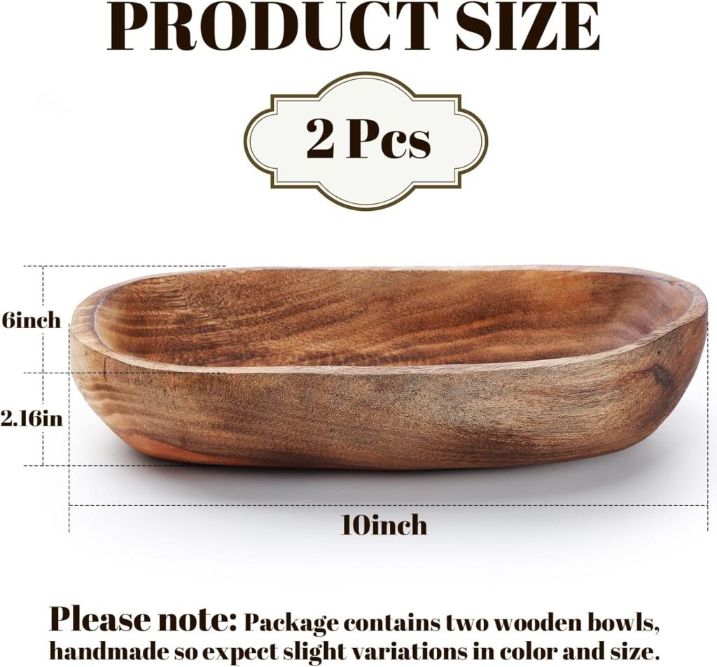 2 Pcs Wooden Dough Bowls for Decor Oblong Decorative Bowl Home Decor Fruit Vessel for Kitchen Counter Rustic Carved Serving Container Long Wooden Bread Tray for Dining Room Table(10 x 6 x 2 Inch)