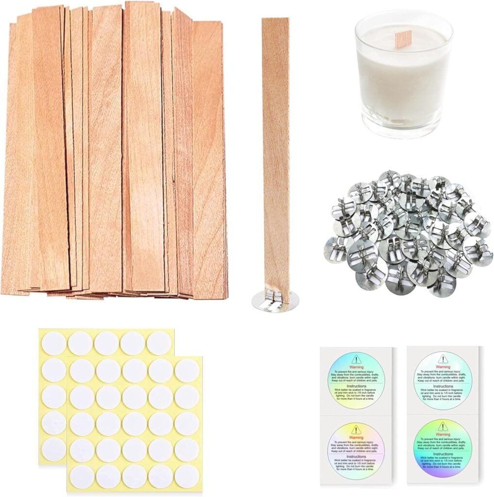 200 Pcs Thickned Wooden Candle Wicks. 5.1 X 0.5 X 0.06 Inch Upgrade Crackling Wooden Wicks, Long Lasting Smokeless Wood Wicks with Iron Standers, Wick Stickers, and Warning Labels- 50 Sets