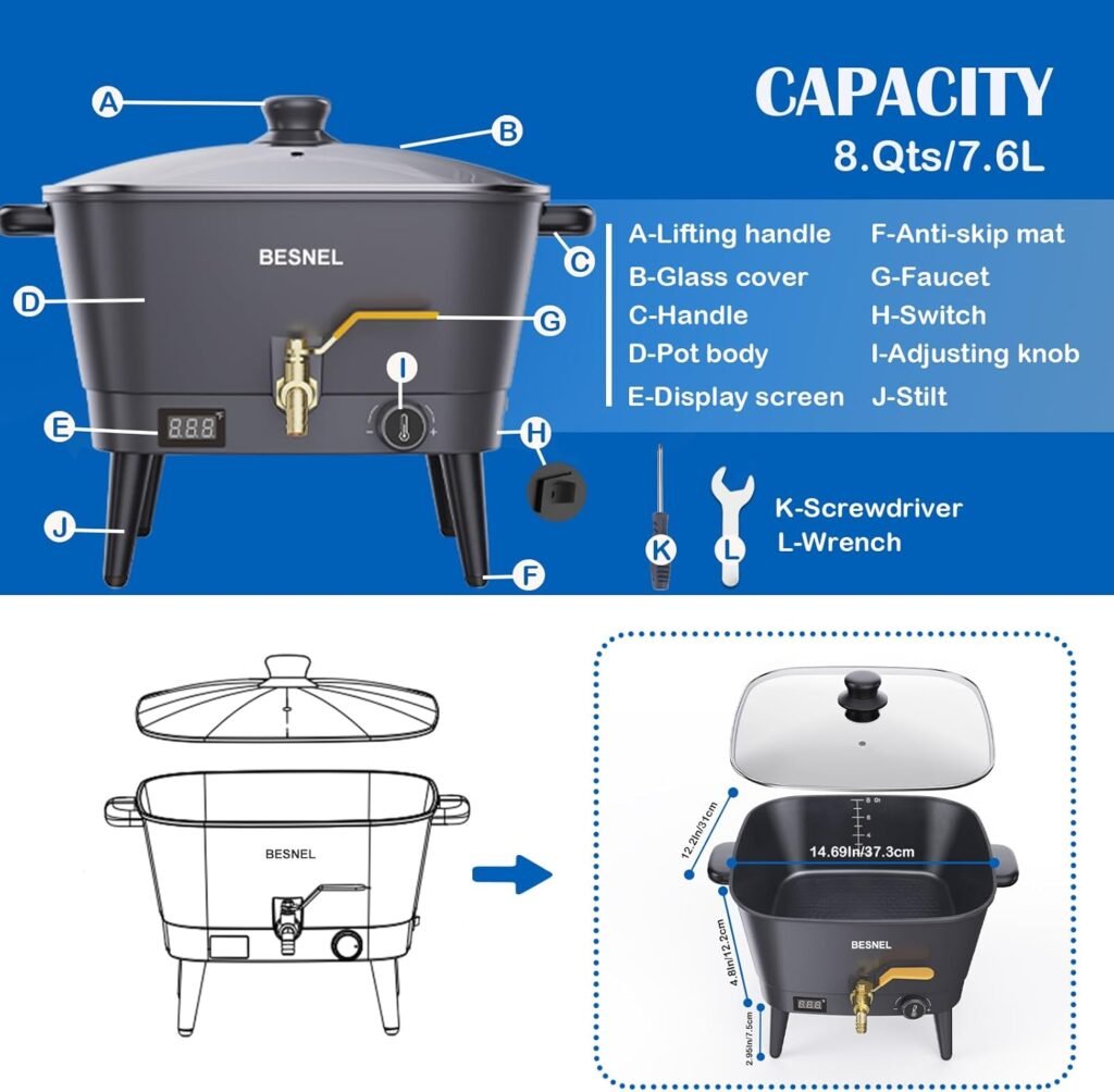 BESNEL Wax Melter for Candle Making, Electric Non-Stick Wax Melter Holds 8Qts of Wax,Soy Wax for or Soap Business Candle Making with Heat Resistant Handle  Brass Spout,Temp Control (Black)