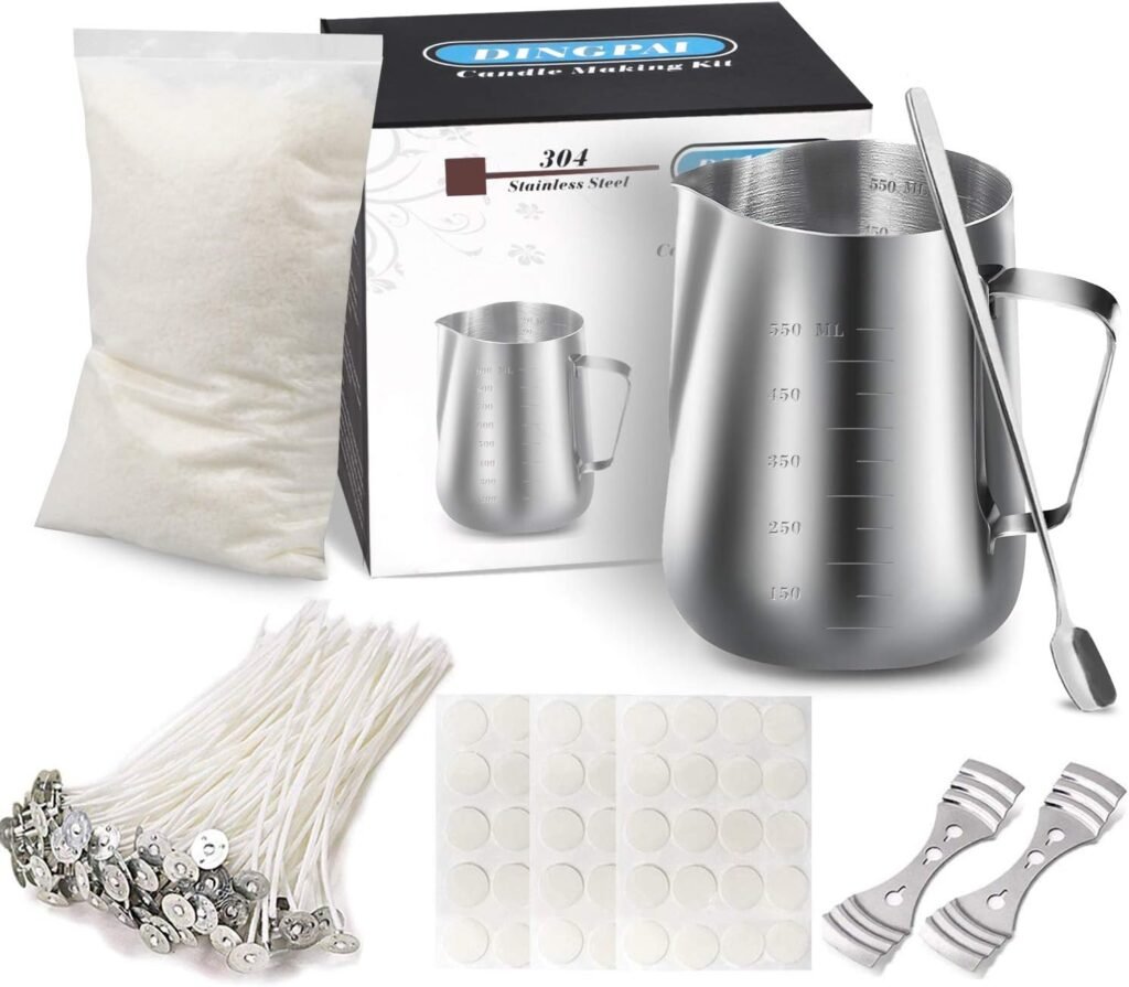 Candle Making Kit Supplies,DIY Craft Tools Including Candle Make Pouring Pot, Sticker, 3-Hole Wicks Holder, Natural Soy Wax and Spoon