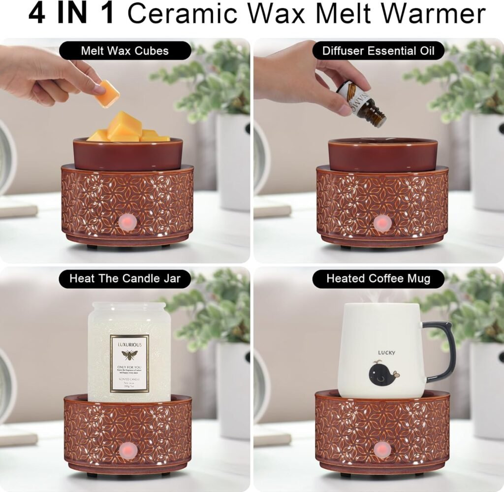 Ceramic Wax Melt Warmer, 4-in-1 Electric Fragrance Candle Wax Melter and Wax Cubes for Home Office Bedroom Aromatherapy Essential Oil Burner as Birthday Gifts for Women Mom Girl(Dark Brown)