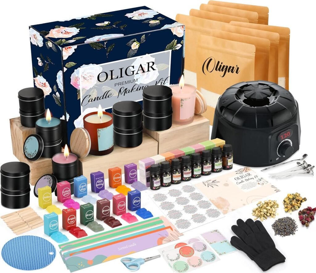 Oligar Complete Candle Making Kit with Wax Melter, Candle Making Supplies, DIY ArtsCrafts Kits Gift for Beginners,Adults,Kids,Including Wax Melter,Rich Scents,Dyes,Candle Tins,SoyWax,Wicks
