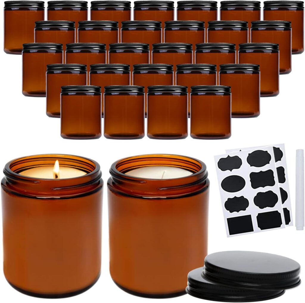 QAPPDA 8oz Amber Candle Jars Set of 30,Round Glass Jars with Black Lids,Empty 250ml Glass Candle Making Jars Bulk Thick Small Food Storage Jars for Spice,Candy,Powder