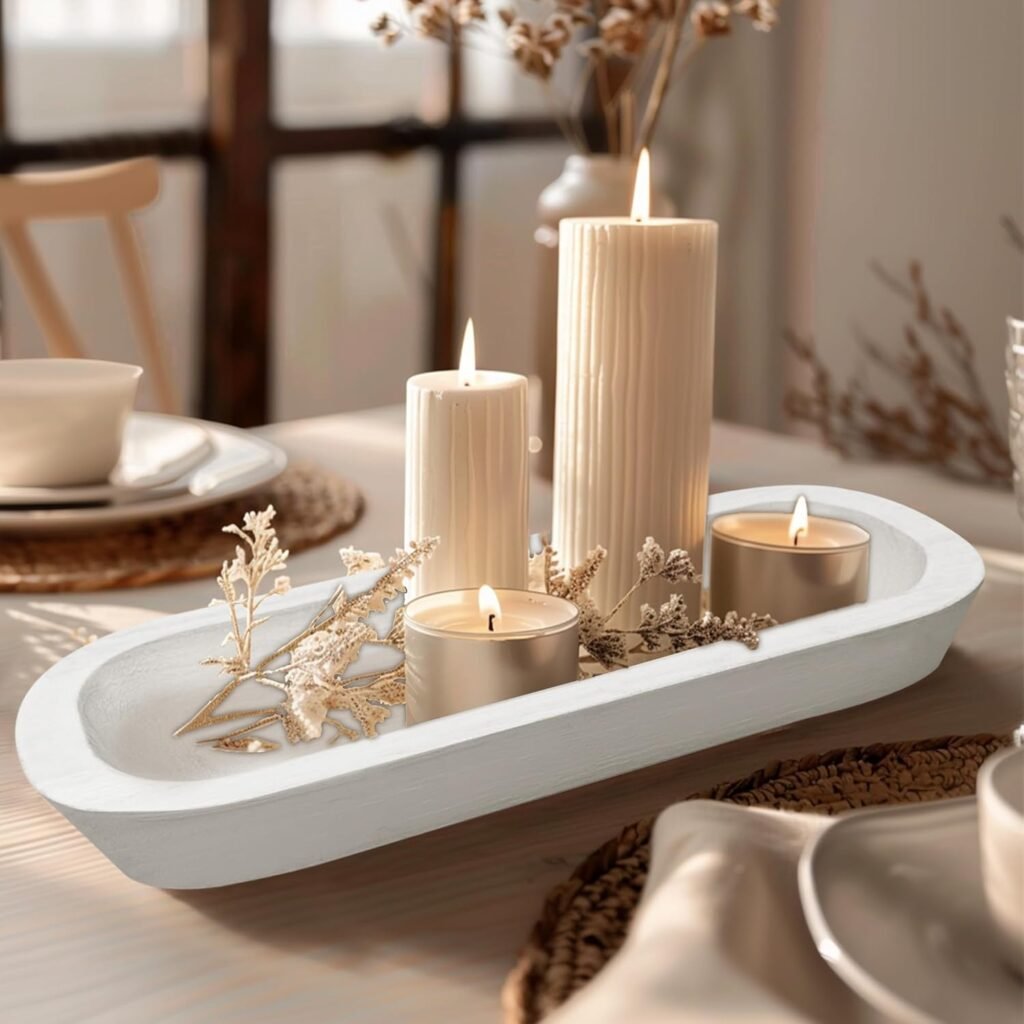 Royxen 4 Pack Dough Bowl for Candle, Wooden Dough Bowls Paulownia, Rustic Bowl Vintage, Bowls for Candle, 9.5 x 5.5 Inch, White