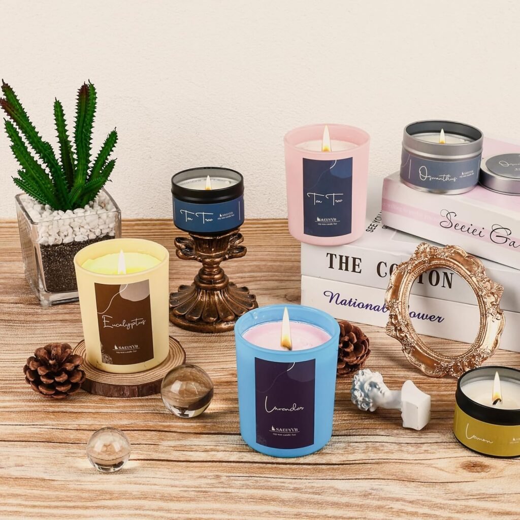 SAEUYVB Candle Making Kit - DIY Starter Soy Candle Making Supplies/Kit - Soy Wax, 10 Jars  Tins, 10 Pleasant Scents, Color Dyes  More，Perfect Candle Making Kit for Adults
