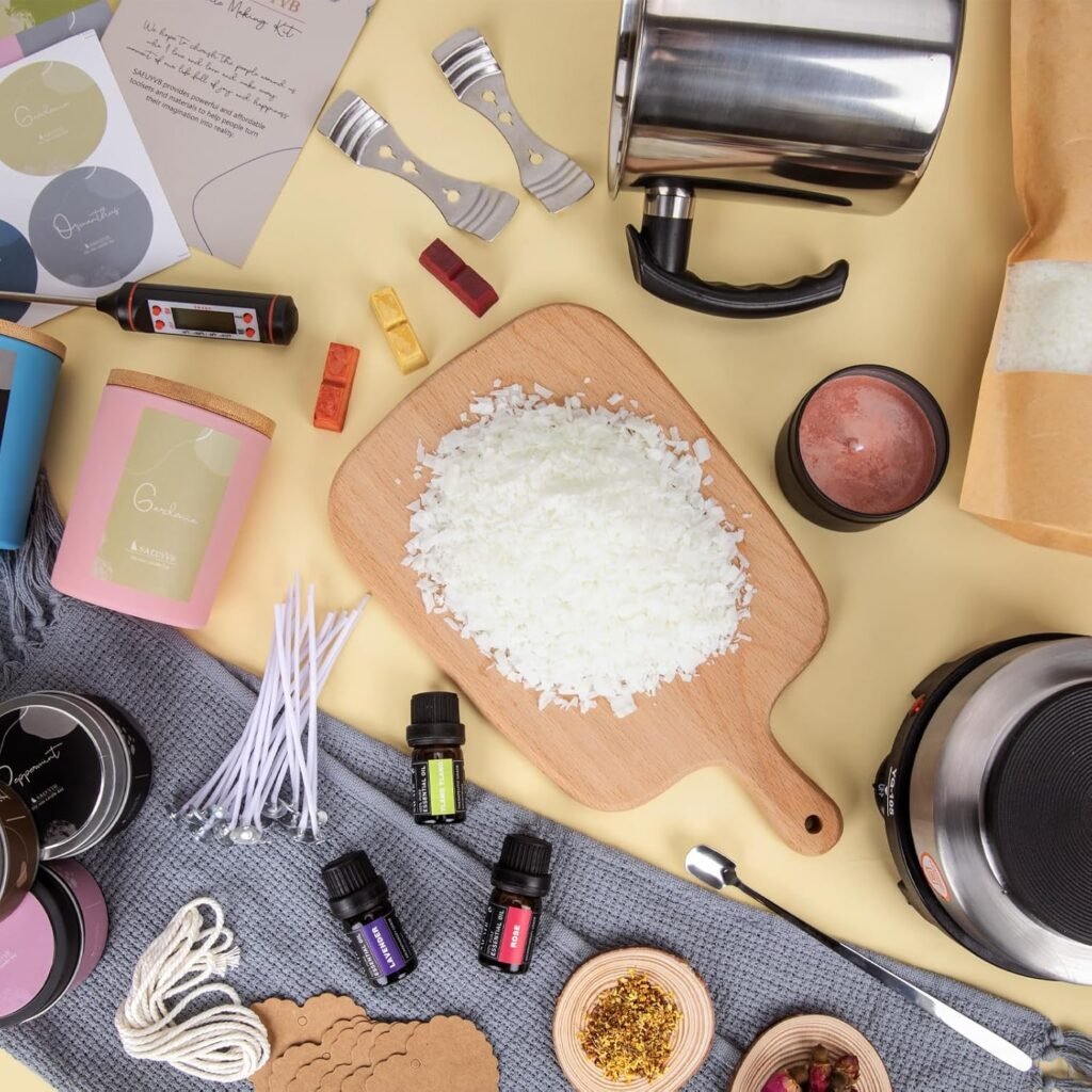 SAEUYVB Candle Making Kit - DIY Starter Soy Candle Making Supplies/Kit - Soy Wax, 10 Jars  Tins, 10 Pleasant Scents, Color Dyes  More，Perfect Candle Making Kit for Adults