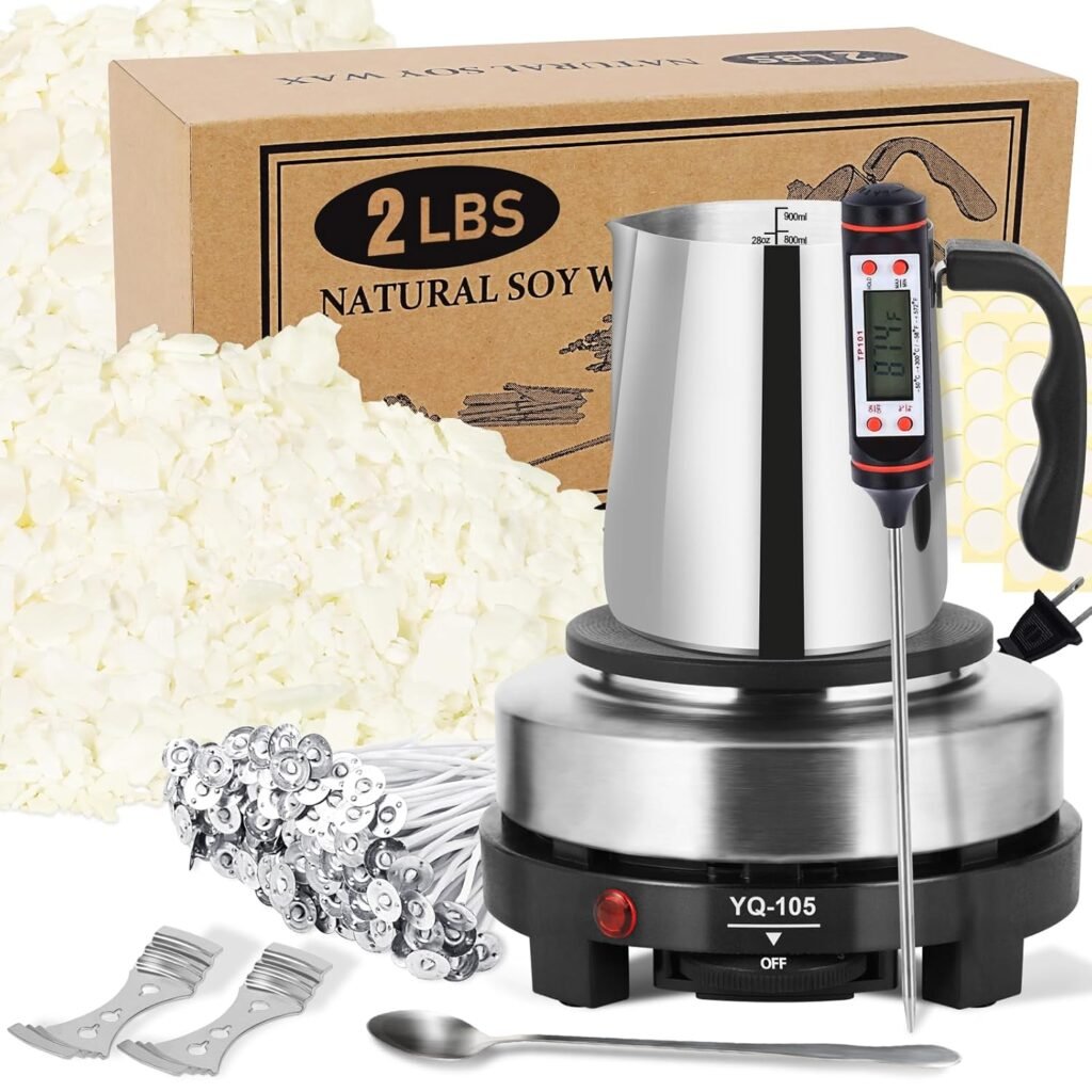 SAEUYVB Candle Making Kit with Wax Melter, Candle Wax for Candle Making - DIY Candle Making Supplies, Including 2lbs Soy Wax Flakes, Melting Pot, Electric Stove,Candle Kit for Adults, Beginnner