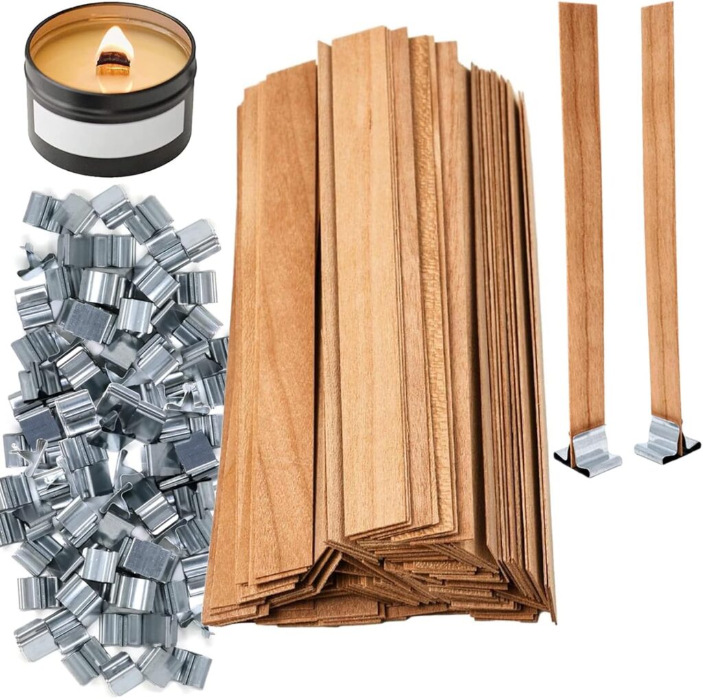 Thick Candle Wood Wicks 0.75 x 5.12 inch Wooden Candle Wicks for Candle Making - 100PCS Natural Candle Wick Smokeless Crackling Wood Wicks with Wick Clips Holders Metal Base