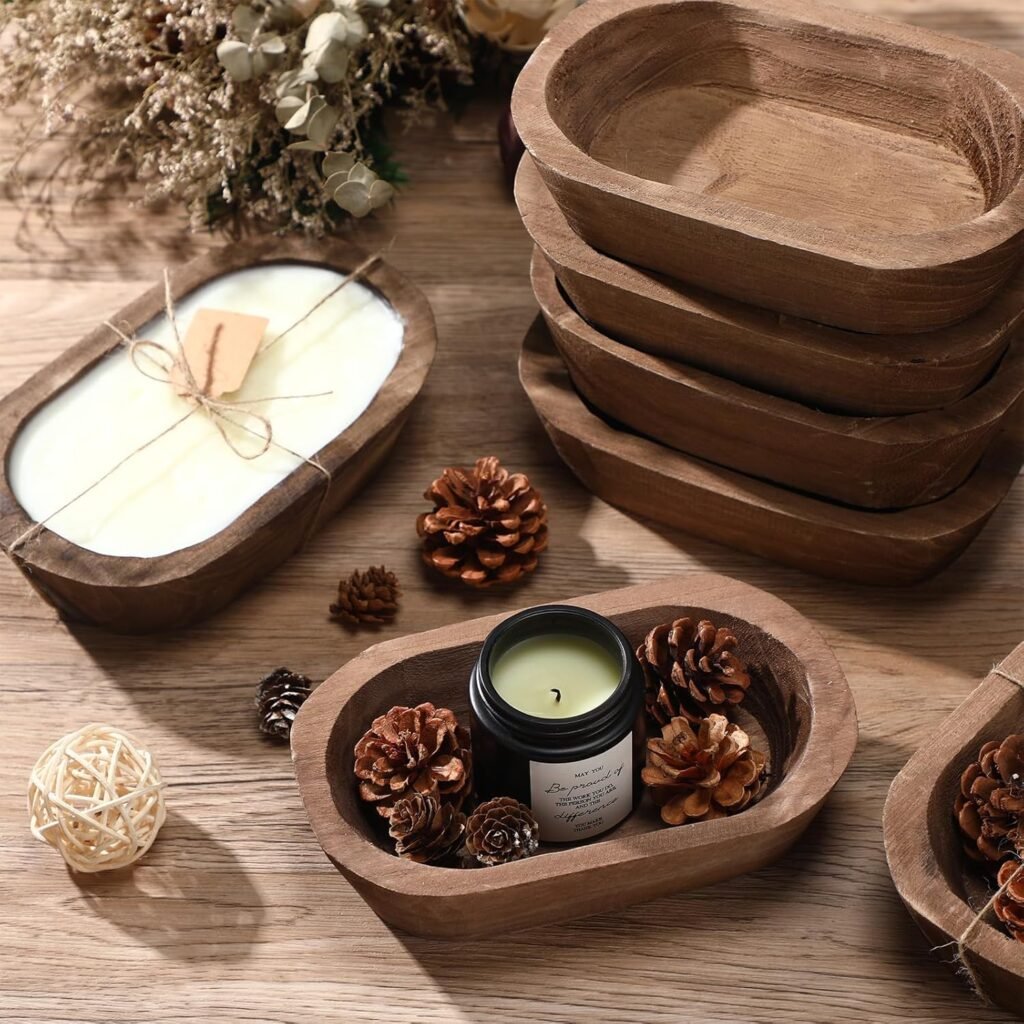 Tioncy 12 Pcs Wooden Dough Bowls for Candle Making Rustic Decorative Wood Dough Bowls Bulk for Decor Hand Carved Paulownia Wood Decorations with Cards for Food Bread Fruit Farmhouse Home Decor(Oval)