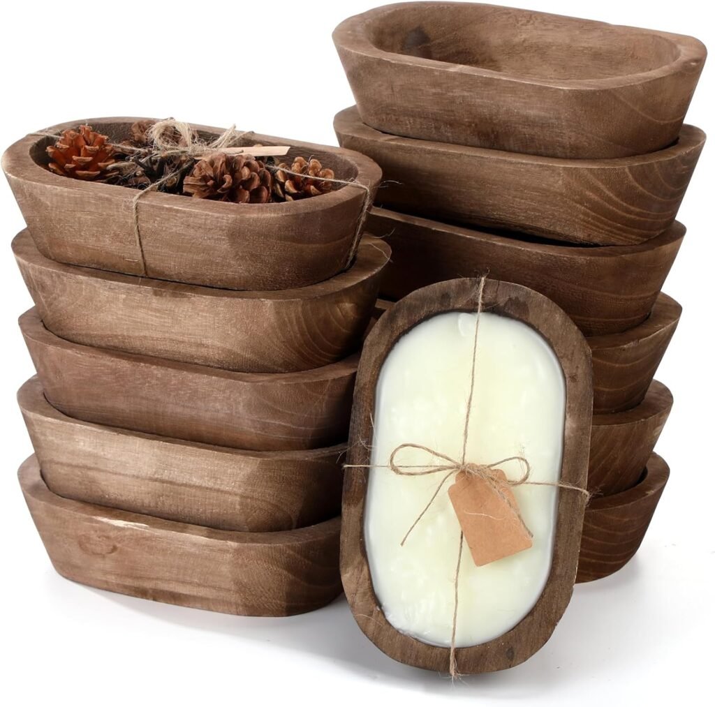 Tioncy 12 Pcs Wooden Dough Bowls for Candle Making Rustic Decorative Wood Dough Bowls Bulk for Decor Hand Carved Paulownia Wood Decorations with Cards for Food Bread Fruit Farmhouse Home Decor(Oval)