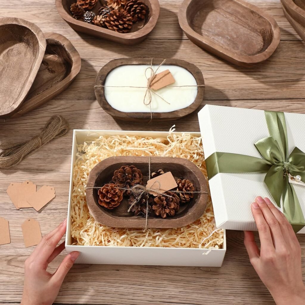 Tioncy 12 Pcs Wooden Dough Bowls for Candle Making Rustic Decorative Wood Dough Bowls Bulk for Decor Hand Carved Paulownia Wood Decorations with Cards for Food Bread Fruit Farmhouse Home Decor(Oval)