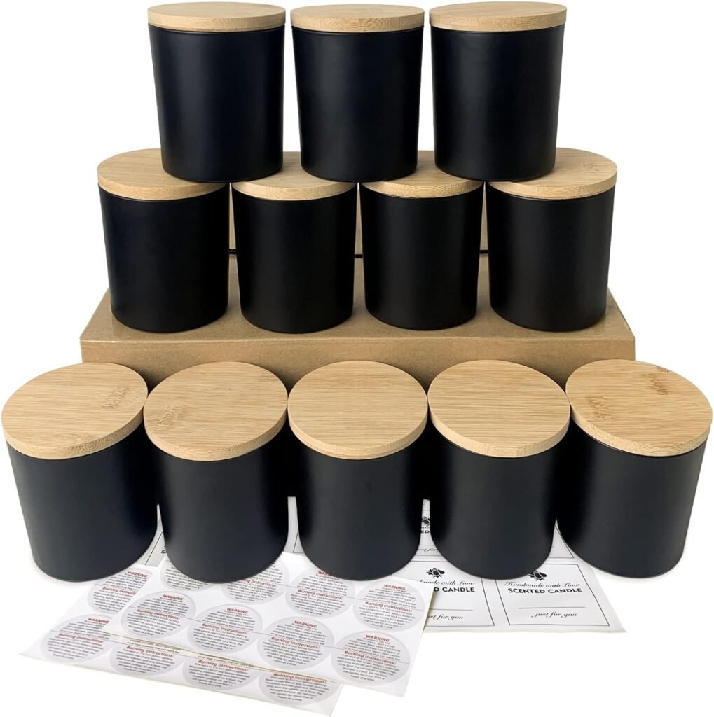 CONNOO 12 Pack 10 OZ Matte Black Glass Candle Jars for Making Candles with Airtight Bamboo Lids Nice Sticky Warning Labels for Candle Making Empty Container Bulk - Dishwasher Safe CONNOO 12 Pack 10 OZ Matte Black Glass Candle Jars for Making Candles with Airtight Bamboo Lids Nice Sticky Warning Labels for Candle Making Empty Container Bulk - Dishwasher Safe