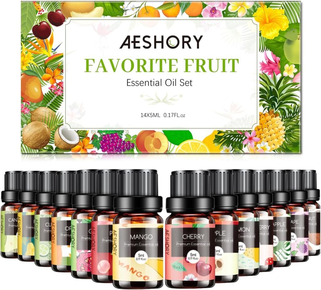 Fruity Essential Oils Set - TOP 14 Fragrance Oil for Diffusers, Candle Making Includes Strawberry, Apple, Pineapple, Cucumber Melon, Cherry, Mango, Lemon, and Orange Scented Aromatherapy Oils (5ml)