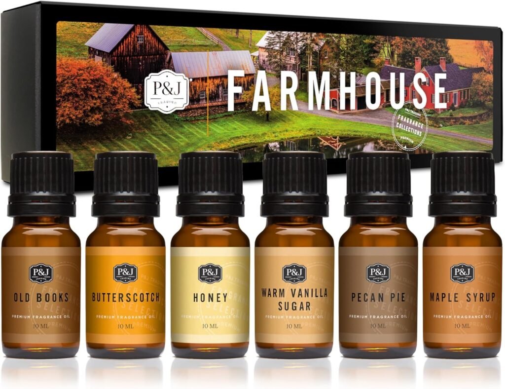 PJ Fragrance Oil Farmhouse Set | Old Books, Butterscotch, Honey, Warm Vanilla Sugar, Pecan Pie, Maple Syrup Candle Scents for Candle Making, Freshie Scents, Soap Making Supplies