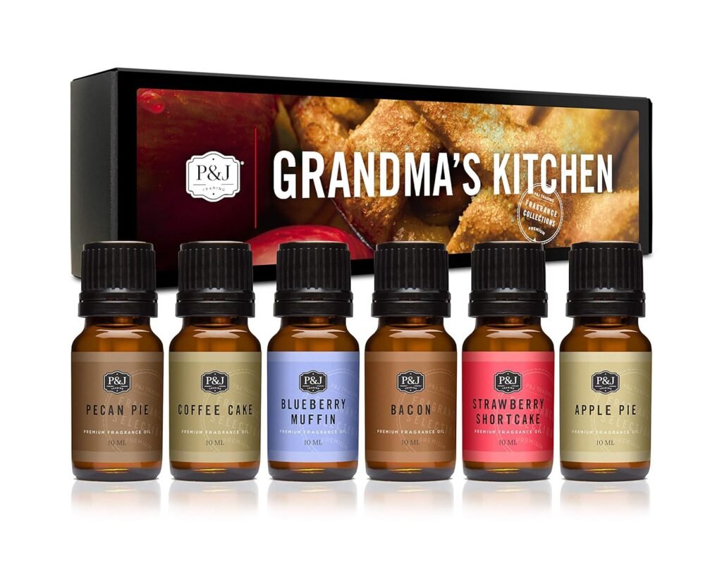 PJ Trading Fragrance Oil Grandmas Kitchen Set | Apple Pie, Pecan Pie, Blueberry Muffin, Bacon, Strawberry Shortcake, Coffee Cake Candle Scents for Candle Making, Freshie Scents, Soap Making