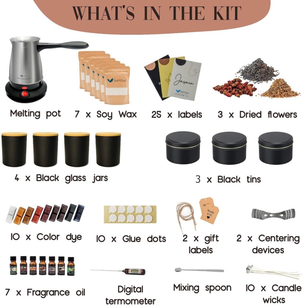 SoftOwl Premium Soy Candle Making Kit - Black Edition - Full Set with Electric Melter - Soy Wax, Big 7oz Jars  Tins, 7 Pleasant Scents, 10 Color Dyes  More - Perfect as Home Decorations