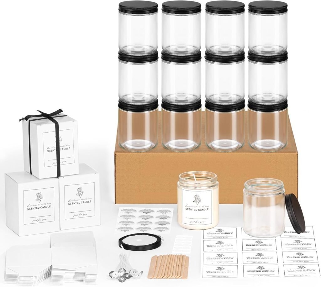 12 Pack 8OZ Glass Jars with Metal Lids,Candle Jars with Candle Making Kits,Labels,Gift Box,Empty Canning Jars, for Food Storage,Spice,Liquid