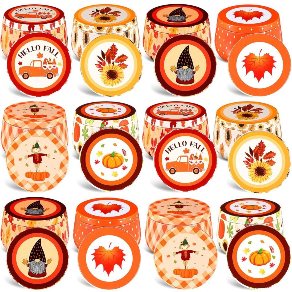 12 Pack Thanksgiving Candy Tins with Lids Autumn Cookie Tins Fall Maple Leaves Candle Tins for Making Candles Tinplate with Lids Containers for Storing Candles Biscuits Treat Gift 8oz
