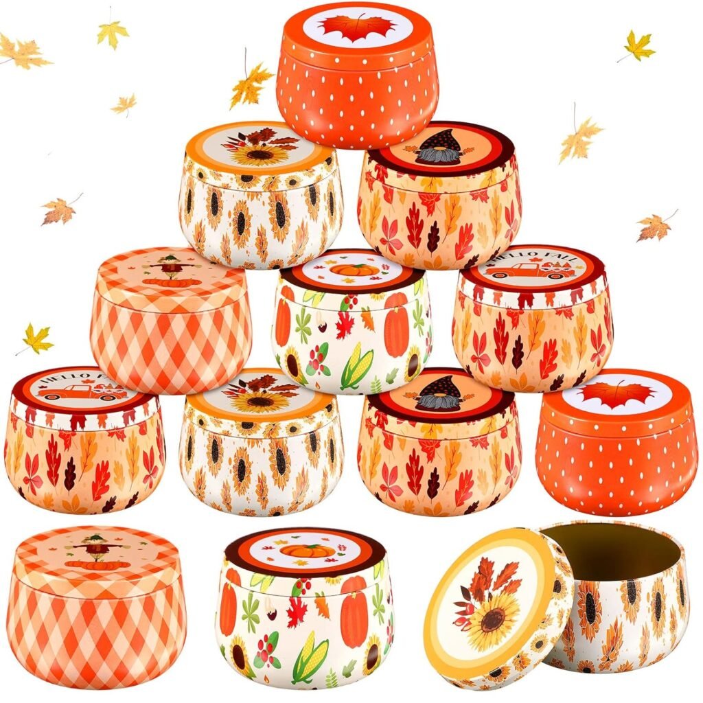 12 Pack Thanksgiving Candy Tins with Lids Autumn Cookie Tins Fall Maple Leaves Candle Tins for Making Candles Tinplate with Lids Containers for Storing Candles Biscuits Treat Gift 8oz