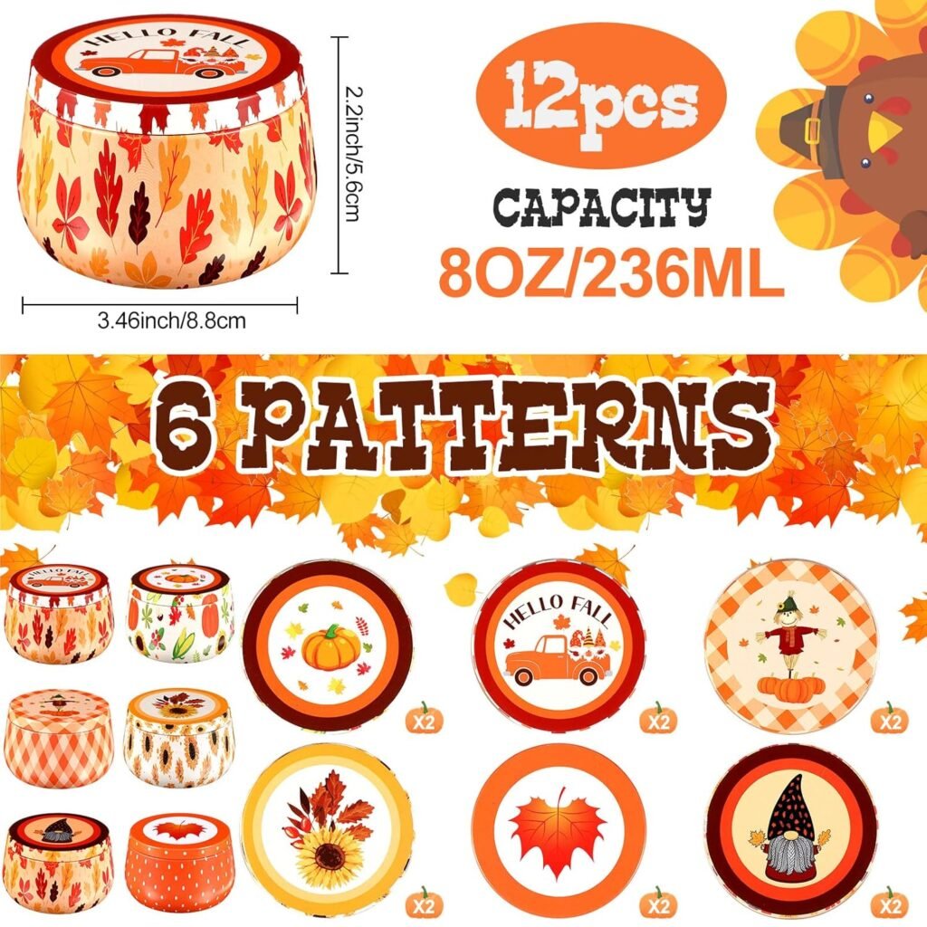 12 Pack Thanksgiving Candy Tins with Lids Autumn Cookie Tins Fall Maple Leaves Candle Tins for Making Candles Tinplate with Lids Containers for Storing Candles Biscuits Treat Gift 8oz