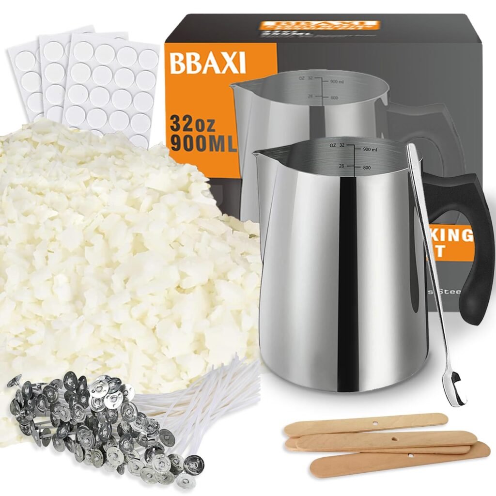 Candle Making Kit - 32oz Pouring Pot, 16oz Soy Wax, Wooden Wick Holders, Candle Wicks, Stickers and Spoon