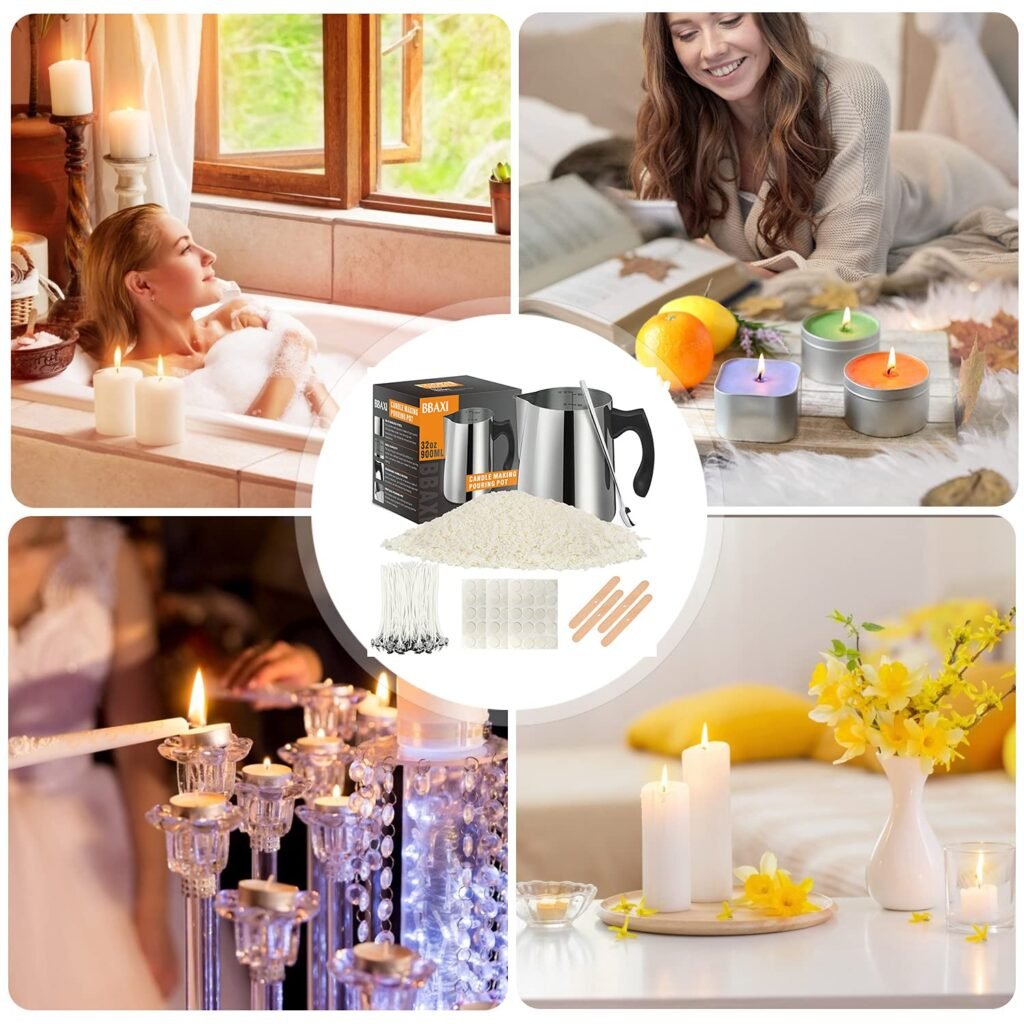Candle Making Kit - 32oz Pouring Pot, 16oz Soy Wax, Wooden Wick Holders, Candle Wicks, Stickers and Spoon