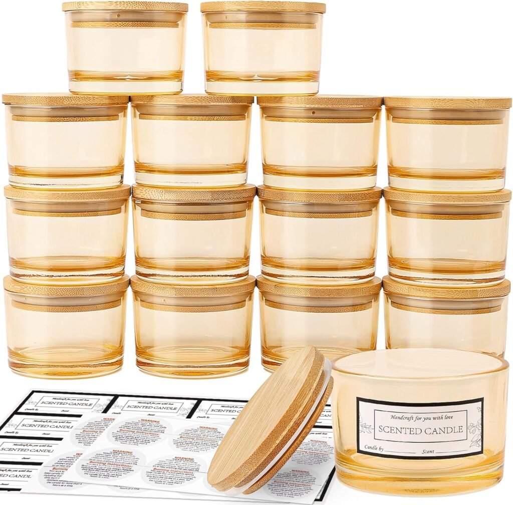 CONNOO 15 Pack 4 OZ Gold Amber Glass Candle Jars with Airtight Bamboo Lids for Making Candles, Bulk Small Wide Mouth Empty Candle Containers with Sticky Warning Labels - Dishwasher Safe, Champagne