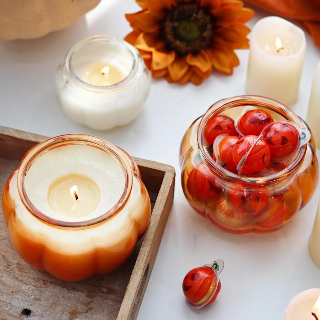 Glass Pumpkin Jars 2PCS, Glass Container Candle Jar with Lid for Making Candles, Decorative Jars for Bedroom, Kitchen Table Décor Fall Thanksgiving Indoor Decoration Orange