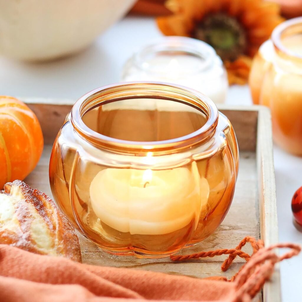 Glass Pumpkin Jars 2PCS, Glass Container Candle Jar with Lid for Making Candles, Decorative Jars for Bedroom, Kitchen Table Décor Fall Thanksgiving Indoor Decoration Orange