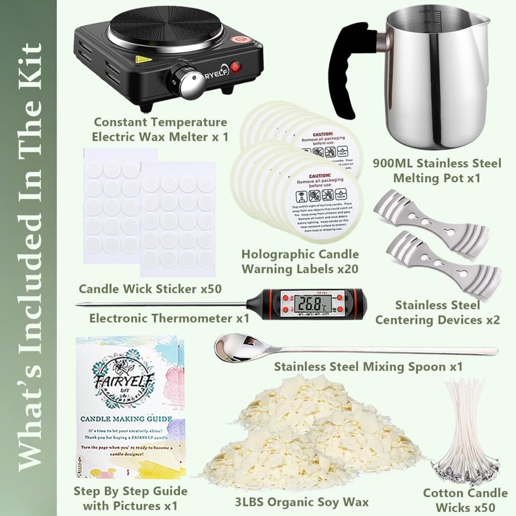 Soy Wax Candle Making Kit Supplies With Wax Melter, Natural Candle Wax for Candle Making - DIY Candles Making Supplies, Including 3lbs Soy Wax Flakes, Melting Pot, Electric Stove, Candle Wick
