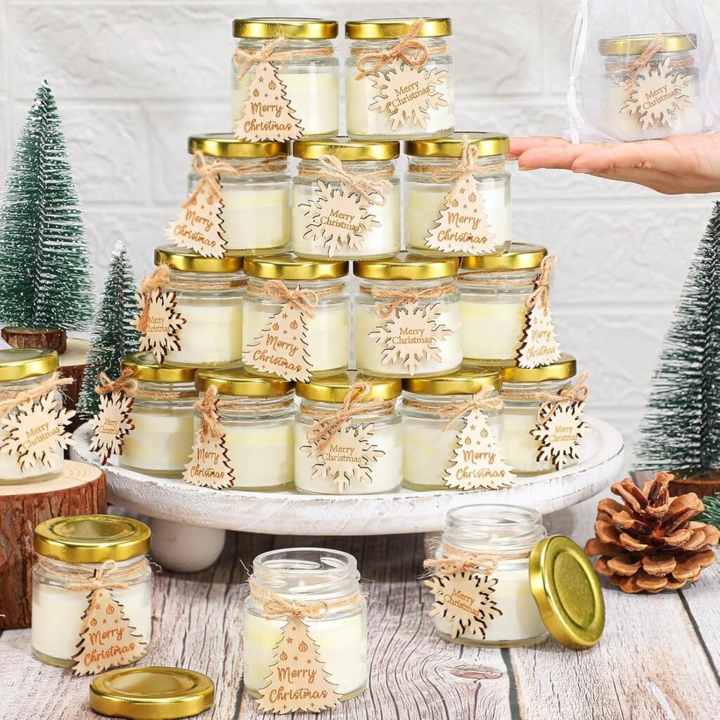Tondiamo 20 Pcs Christmas Candle Favors Bulk Bluebell Scented Jars Wooden Christmas Tree Snowflake Candle for Home Decoration Gifts