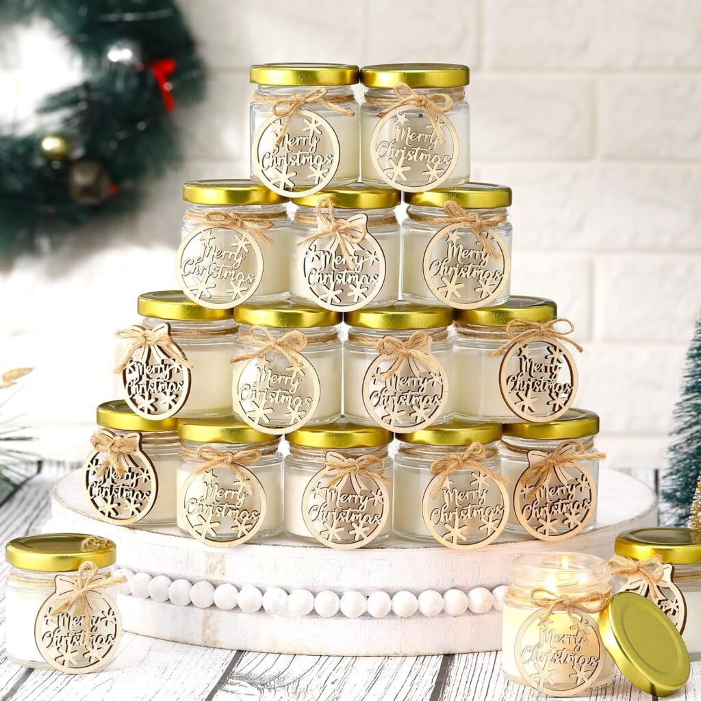 Tondiamo 20 Pcs Christmas Candle Favors Bulk Bluebell Scented Jars Wooden Christmas Tree Snowflake Candle for Home Decoration Gifts