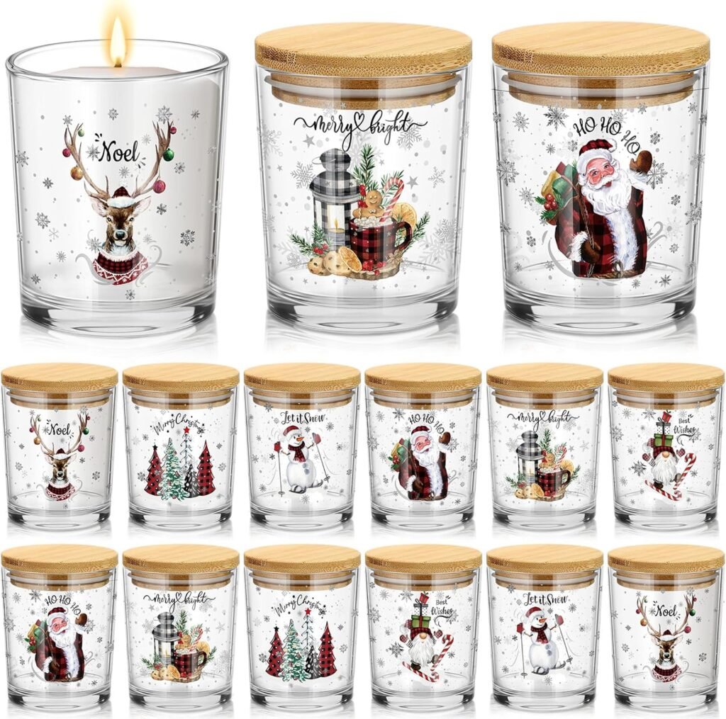 12 Pack 7 oz Christmas Glass Candle Jar with Wood Lids Xmas Classical Thick Empty Jars for Making Candles Small Holiday Container Bulk for Gifts Making DIY Party Supplies Accessories