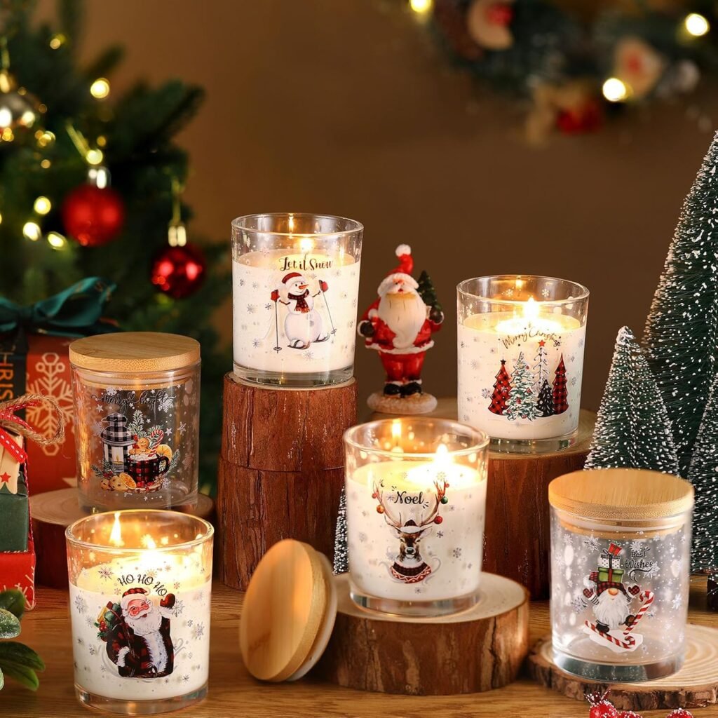 12 Pack 7 oz Christmas Glass Candle Jar with Wood Lids Xmas Classical Thick Empty Jars for Making Candles Small Holiday Container Bulk for Gifts Making DIY Party Supplies Accessories