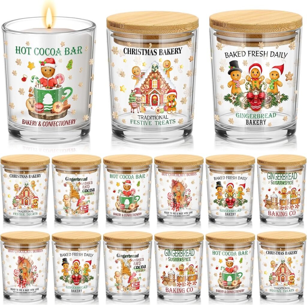 12 Pack 7 oz Christmas Glass Candle Jar with Wood Lids Xmas Classical Thick Empty Jars for Making Candles Small Holiday Container Bulk for Gifts Making DIY Party Supplies Accessories
