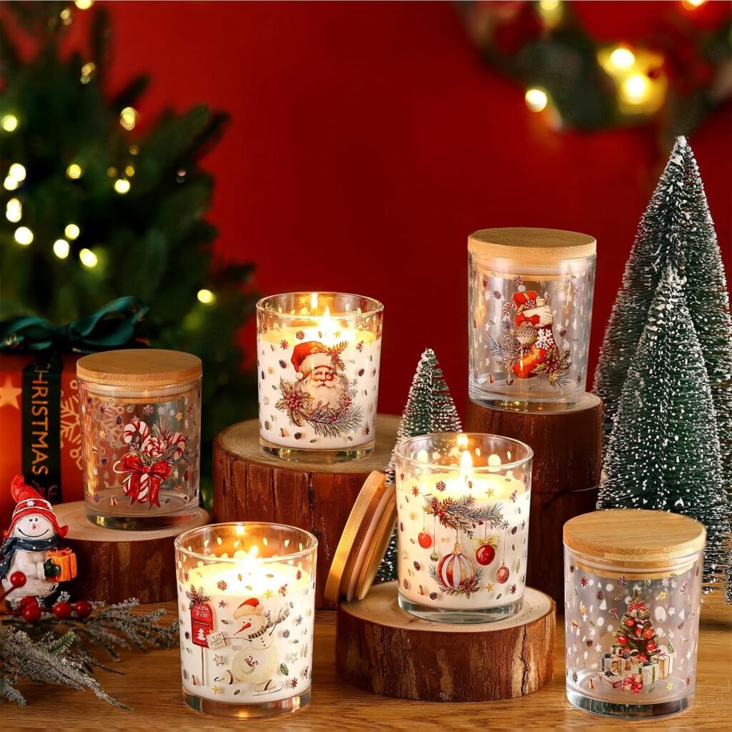 12 Pack 7 oz Christmas Glass Candle Jar with Wood Lids Xmas Classical Thick Empty Jars for Making Candles Small Holiday Container Bulk for Gifts Making DIY Party Supplies Accessories