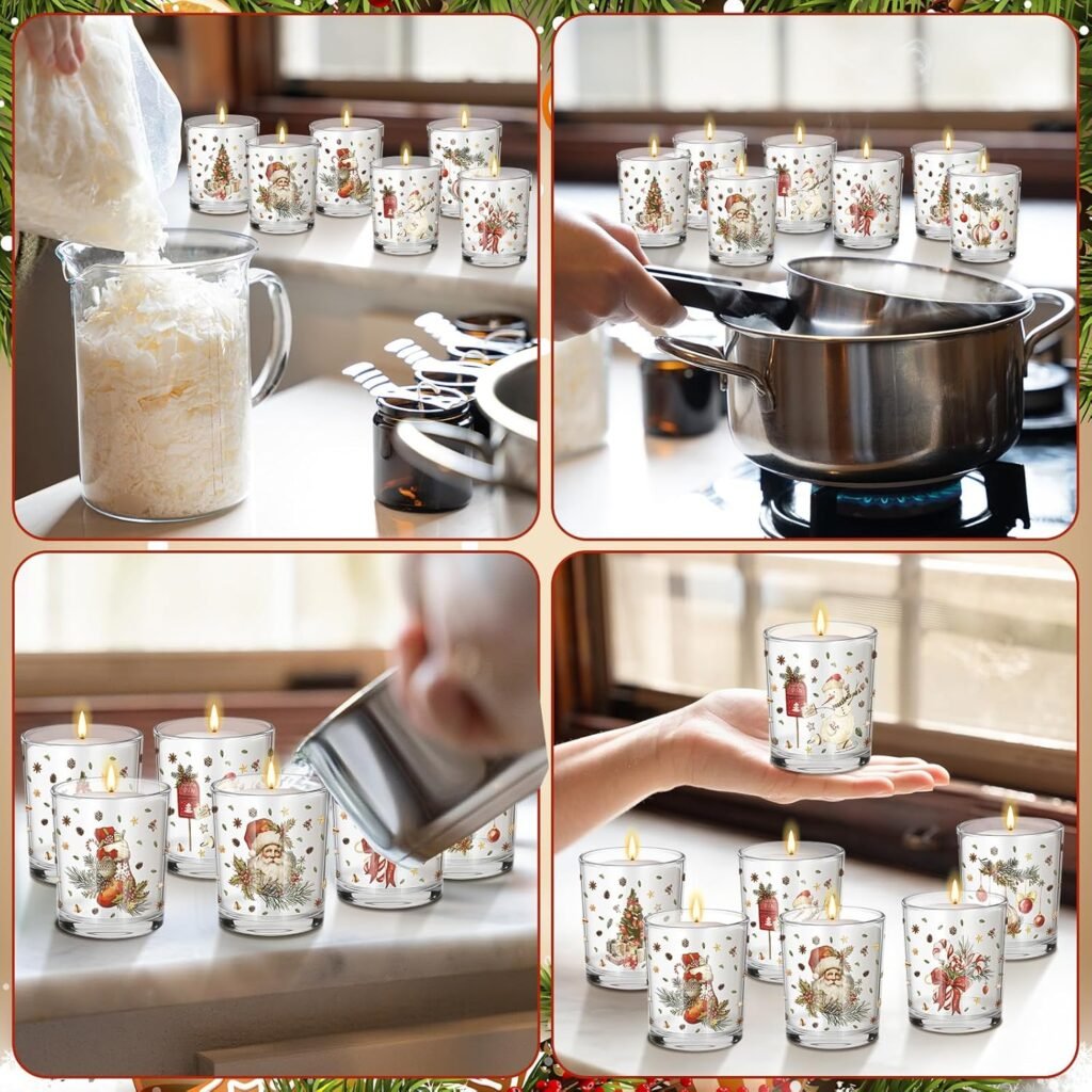 12 Pack 7 oz Christmas Glass Candle Jar with Wood Lids Xmas Classical Thick Empty Jars for Making Candles Small Holiday Container Bulk for Gifts Making DIY Party Supplies Accessories