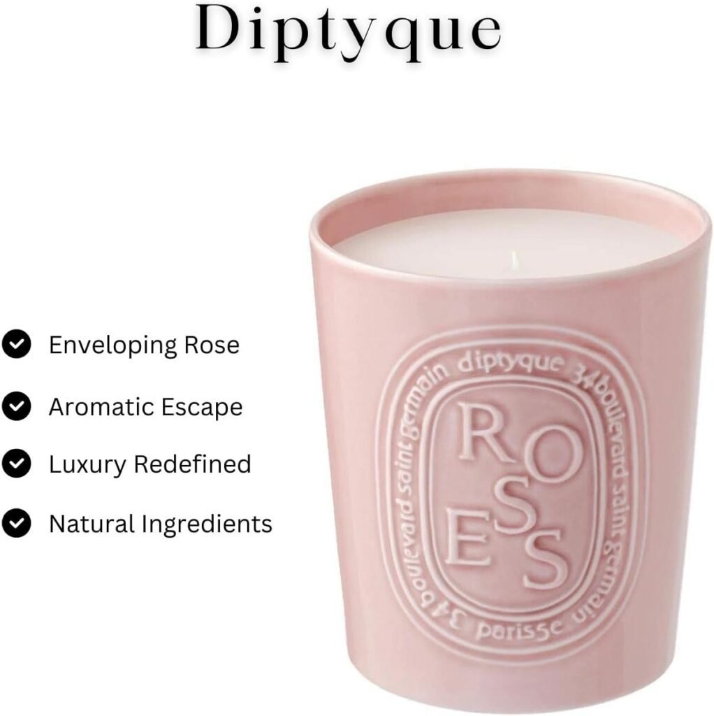 Diptyque Roses Candle 600g Porcelain jar Luxury Candle 100h Burn time 21.1 oz, Pink