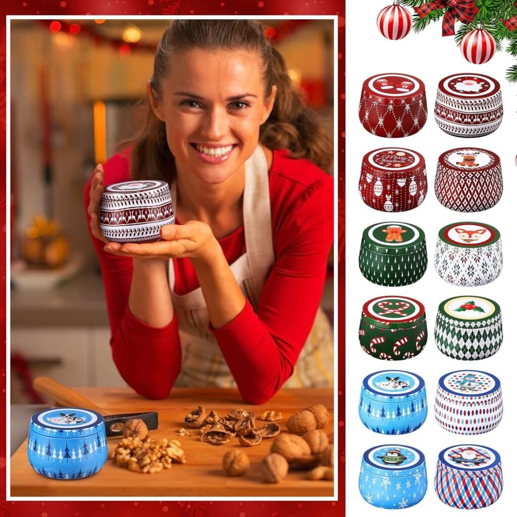 Yungyan Christmas Candle Tin Cans Set Metal Candles Tin Gifts Jars with Lids 8 oz Christmas Cookie Tins Candle Containers for Storing Biscuits Tea Party Favors(24 Pcs)