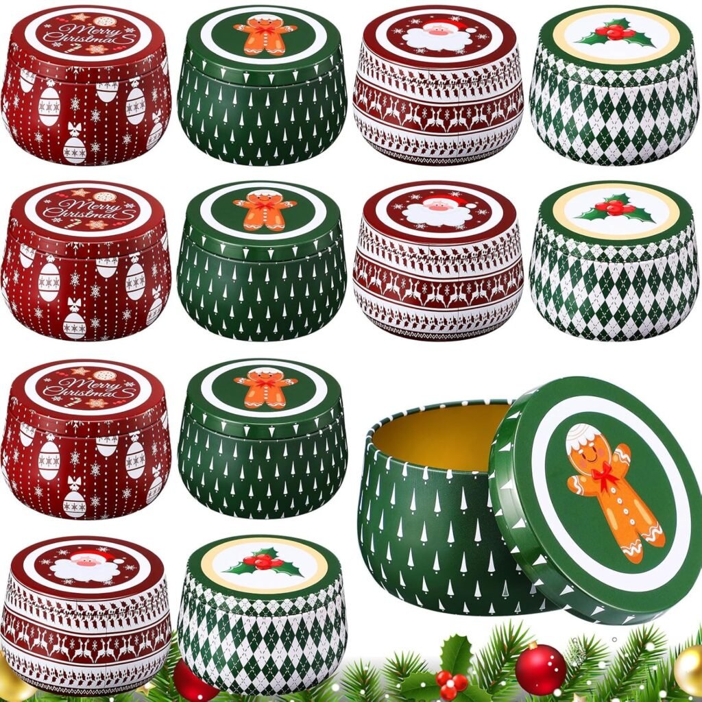 Yungyan Christmas Candle Tin Cans Set Metal Candles Tin Gifts Jars with Lids 8 oz Christmas Cookie Tins Candle Containers for Storing Biscuits Tea Party Favors(24 Pcs)
