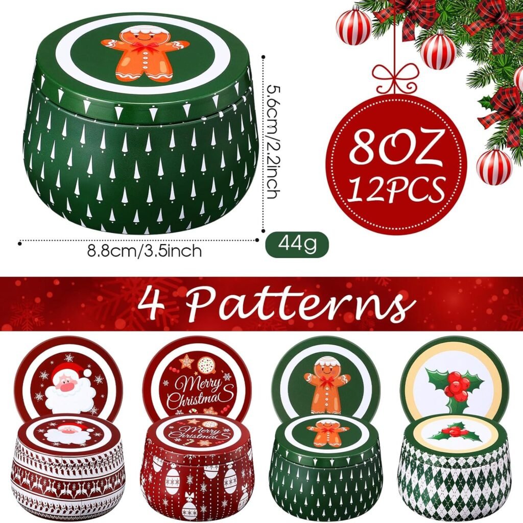 Yungyan Christmas Candle Tin Cans Set Metal Candles Tin Gifts Jars with Lids 8 oz Christmas Cookie Tins Candle Containers for Storing Biscuits Tea Party Favors(24 Pcs)